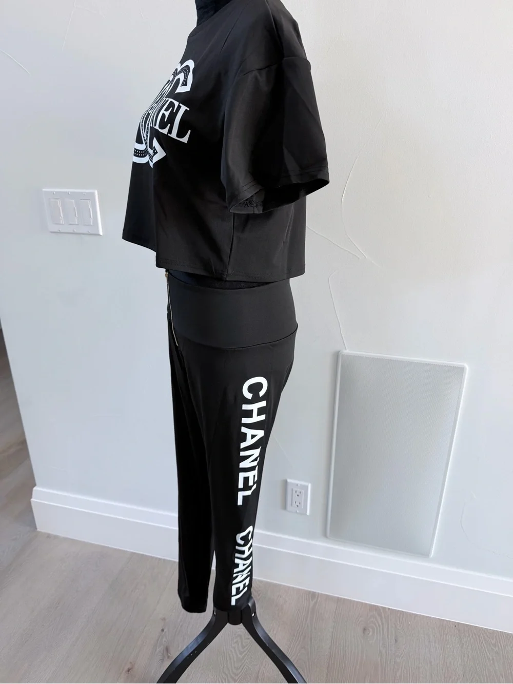 Chanel Black Logo Cropped Top & High-Waist Pants Set size L